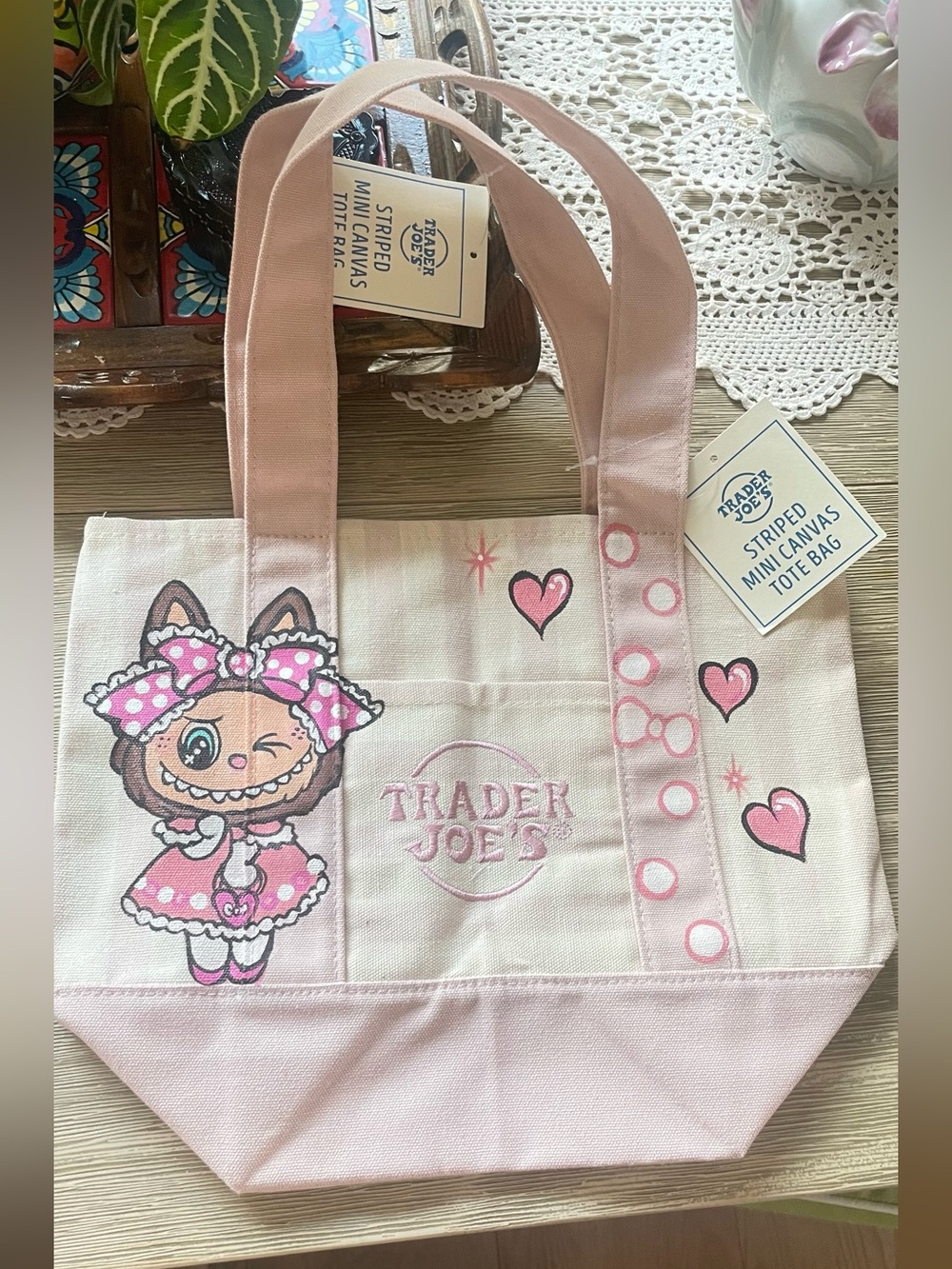 Trader Joe's mini canvas tote bag, hand painted